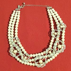 White faux pearl and rhinestone 3 strand floral statement necklace Wedding Prom